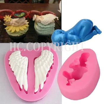 

2pcs/set 3D Sleeping Baby & Angel Wings Shapes Silicone Cutter Fondant Decorating DIY Soap Baking Kitchen Cookie Mold Tool