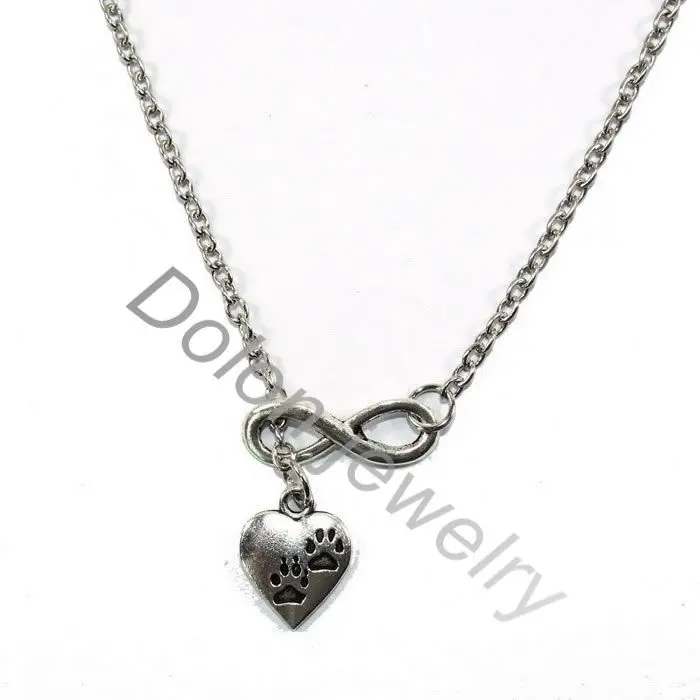

Silver Infinity Dangle Heart Shaped Paw Print Charm Link Chain Necklace Gift for Dog Cat Bear Puppy Paw Jewelry