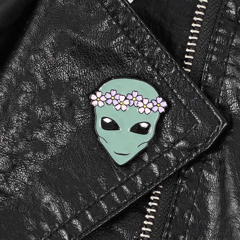 

Alien brooches Alien with flower crown Hard enamel lapel pins Backpack Jackets Bags Accessories Gifts for space lover