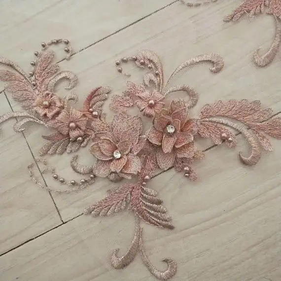 Телесно розовые тяжелые бисерные Кружева с аппликацией 3D Кружевная аппликация