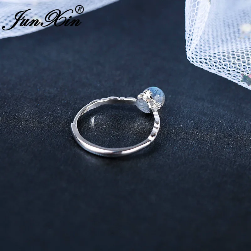 JUNXIN Mystic Moonstone Rings For Women 925 Sterling Silver Round Crystal Open Thin Wedding Ring Female Adjustable Ring Jewelry