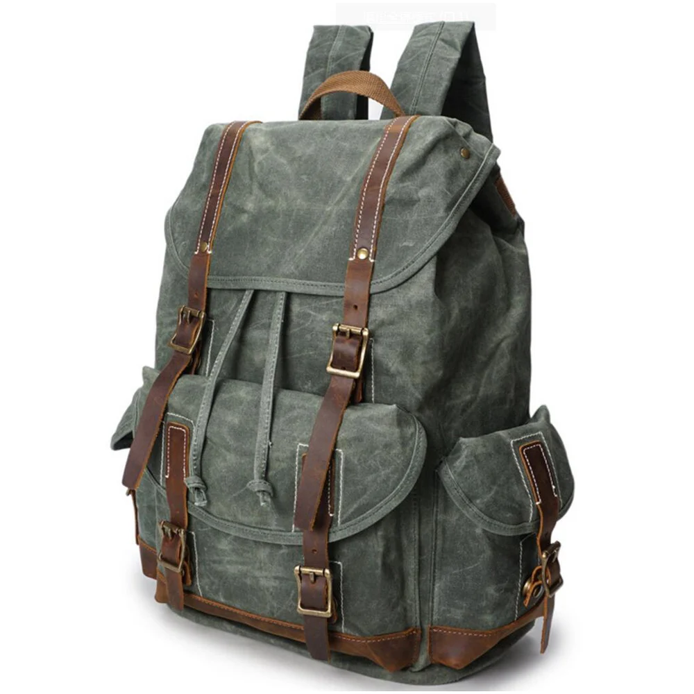 Oil wax Canvas Laptop Bags backpack European style vintage Men bag Large capacity outdoor Travel ...