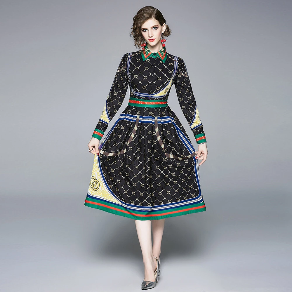 

Autumn dress female 2018 new print temperament casual POLO collar single-breasted waist slimming large swing long-sleeved dress