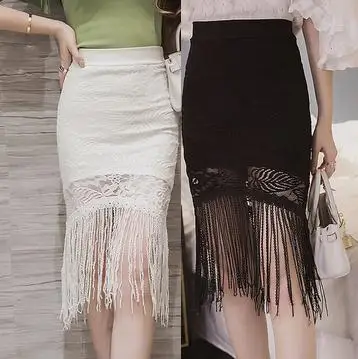 

Excellent Quality High Waist Lace Tassels Mermaid Lap Elegant Pencil Skirt Women Bodycon Plus Size Mid Skirt Free Shipping S-5XL