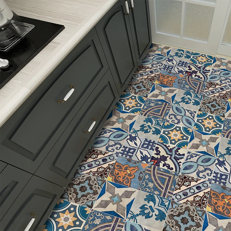 Retro national wind kitchen waterproof floor sticker balcony floor tile