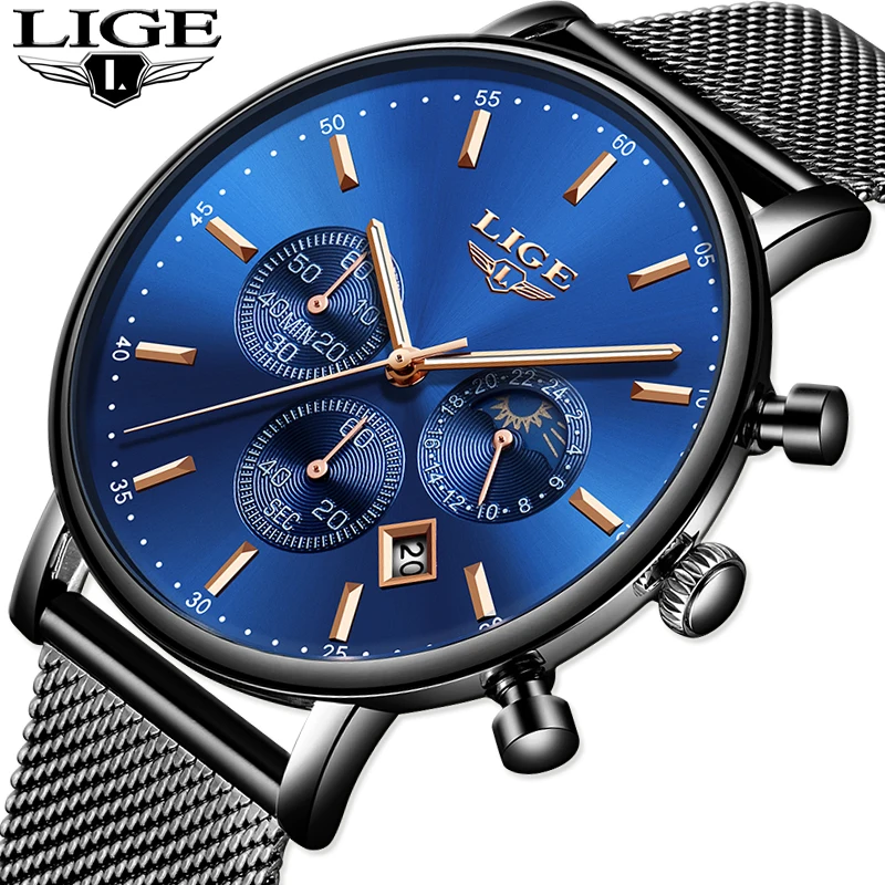 

New LIGE Watch Mens Simple Chronograph Male Casual Stainless Steel Quartz Watch Sport Waterproof Mens Watches Relogio Masculino