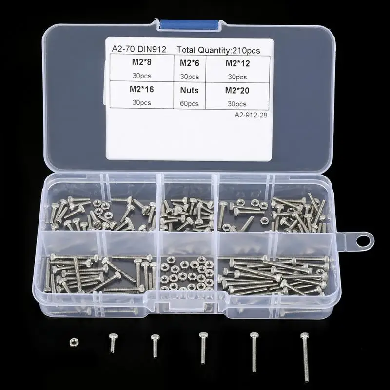 1 Set of 210Pcs M2 Nuts And Bolts Set 304 Stainless Steel Cup Head Hex