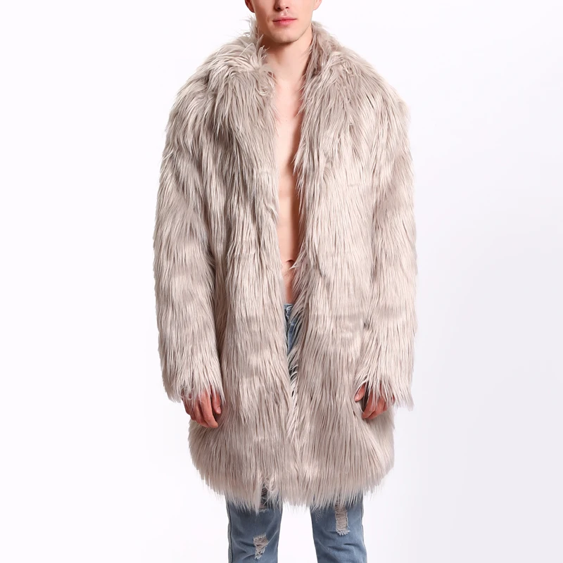 

Winter Autumn Faux Fur Men Long Jacket Windbreaker Thick Warm Fur Scarf Collar with Pockets Coat Outwear Plus Size 3X 4XL 7F1293