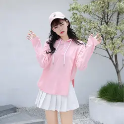 Корейской моды с длинным рукавом свободная толстовка с капюшоном топы Для женщин 2018 Ulzzang Сладкий Белый Розовый пуловер с капюшоном