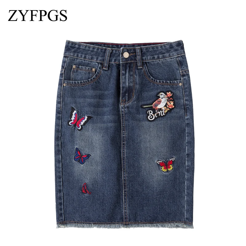 

ZYFPGS 2019 Summer New Skirt Women Plus Size Natural Waist Denim Skirts Pencil Patchwork Stretch Slim Hip Fashion L0506