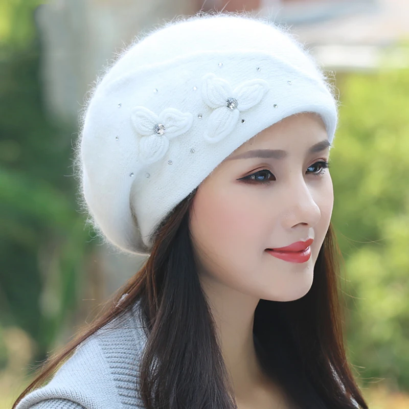 Женская вязаная шапка Ангорская зимняя теплый берет двухслойная Повседневная