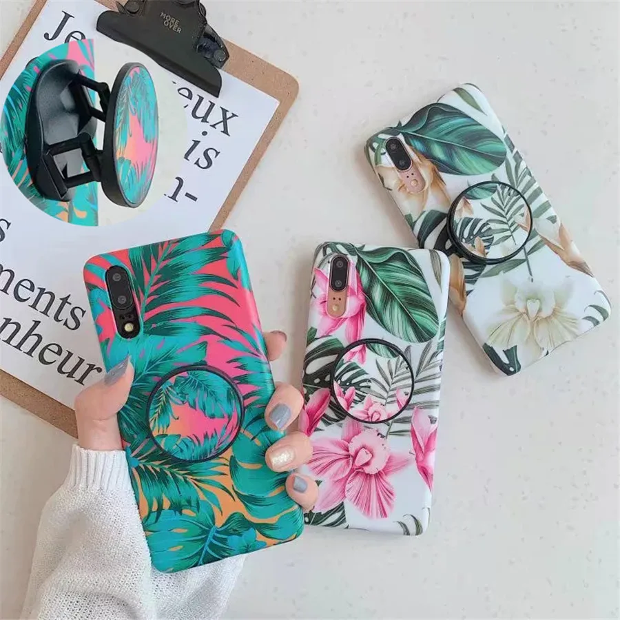 

Retro Flowers Banana Leaf Phone Case For iPhone XS Max XR 6 6S 7 8 Plus X Fashion 3D Grip Stand Holder Soft TPU Phone Back Cover
