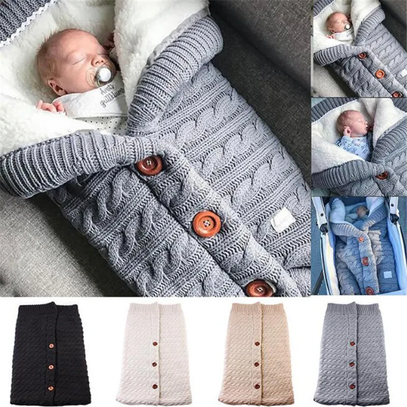 

Baby Button Sleeping Bag Outdoor Baby Stroller Sleeping Bag Wool Knit Plus Velvet Hug Blanket Swaddling Infant Swaddle