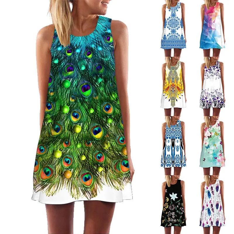 

9 Colors Women Summer Dress Sleveless Beach Boho Style Print Casual Fashion Vintage Mini Dresses Woman Plus Size 2XL