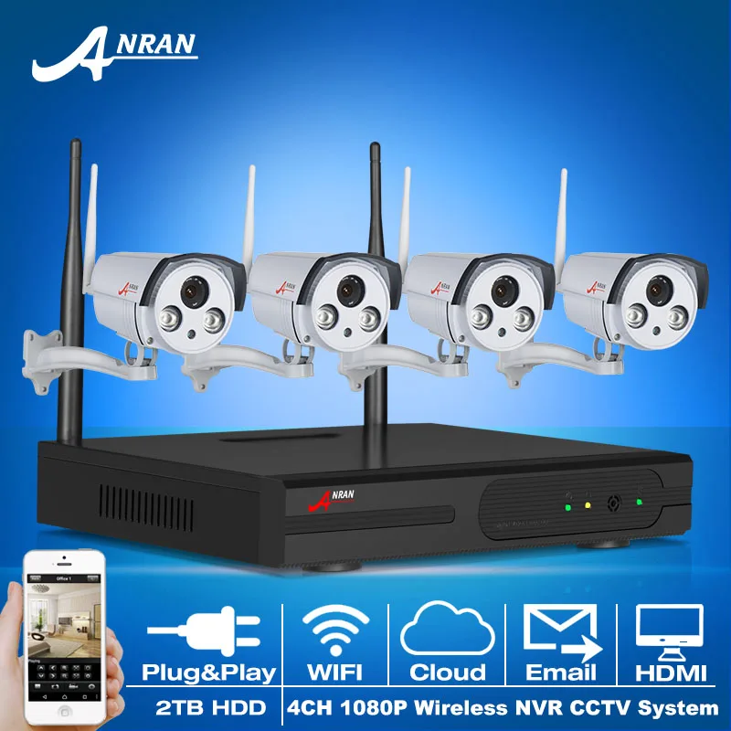 

Plug And Play 4CH Security CCTV System Wireless NVR Kit P2P Cloud 1080P HD Waterproof 2Array Outdoor Surveillance Camera 2TB HDD