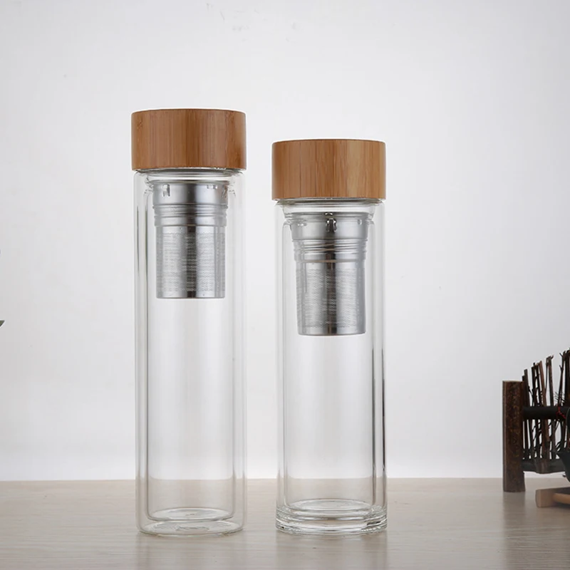 

350ml 450ml glass Water bottles for dink tea with infuser bamboo lid Double Wall Bottle for water brief Portable outdoor
