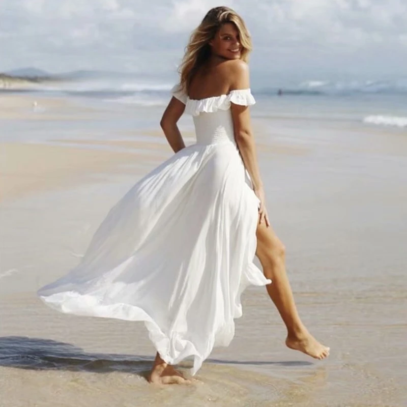 Белое платье с открытыми плечами и оборками, женское пляжное богемное платье макси без рукавов, женское Хлопковое платье с асимметричным подолом, boho vestidos