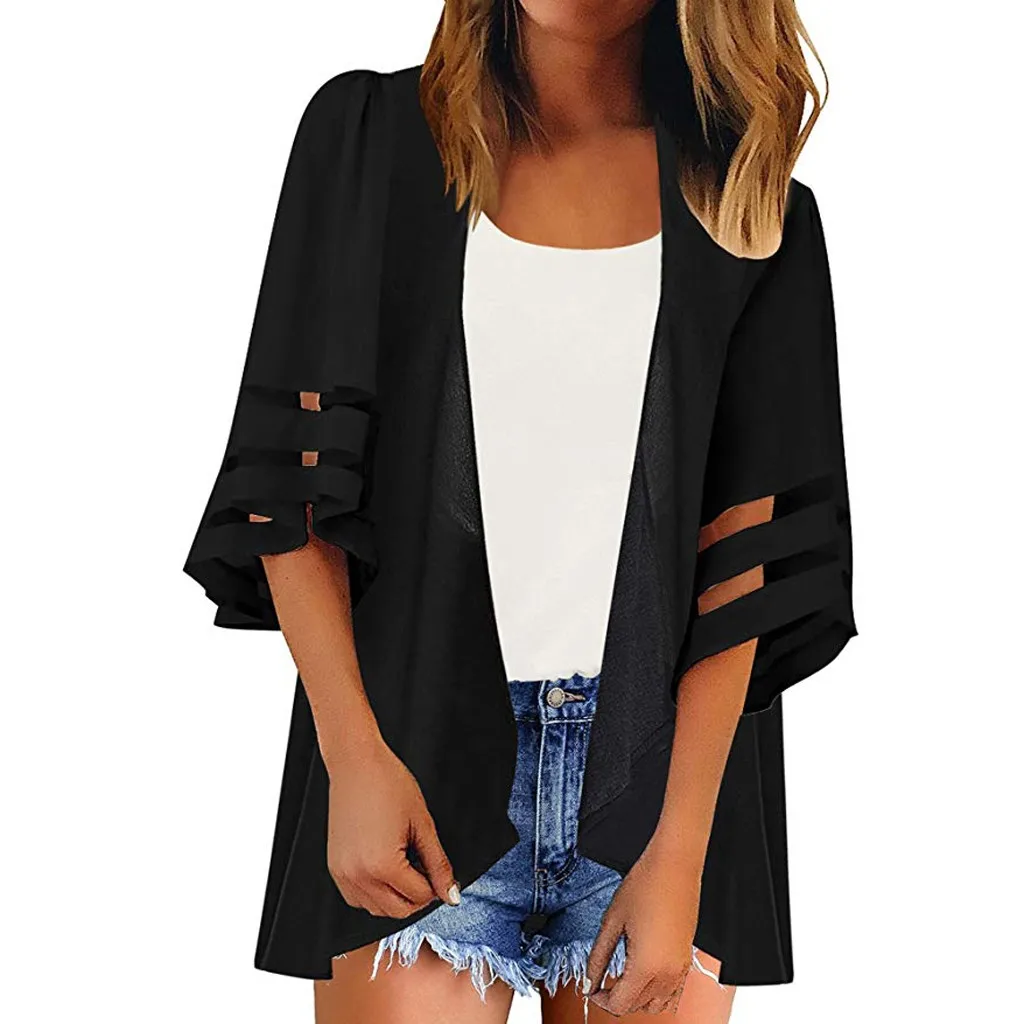 

JAYCOSIN Womens Blouses And Tops Summer 2019 Mesh Panel 3/4 Bell Sleeve Pure color Chiffon Casual Loose Kimono Cardigan Jul03