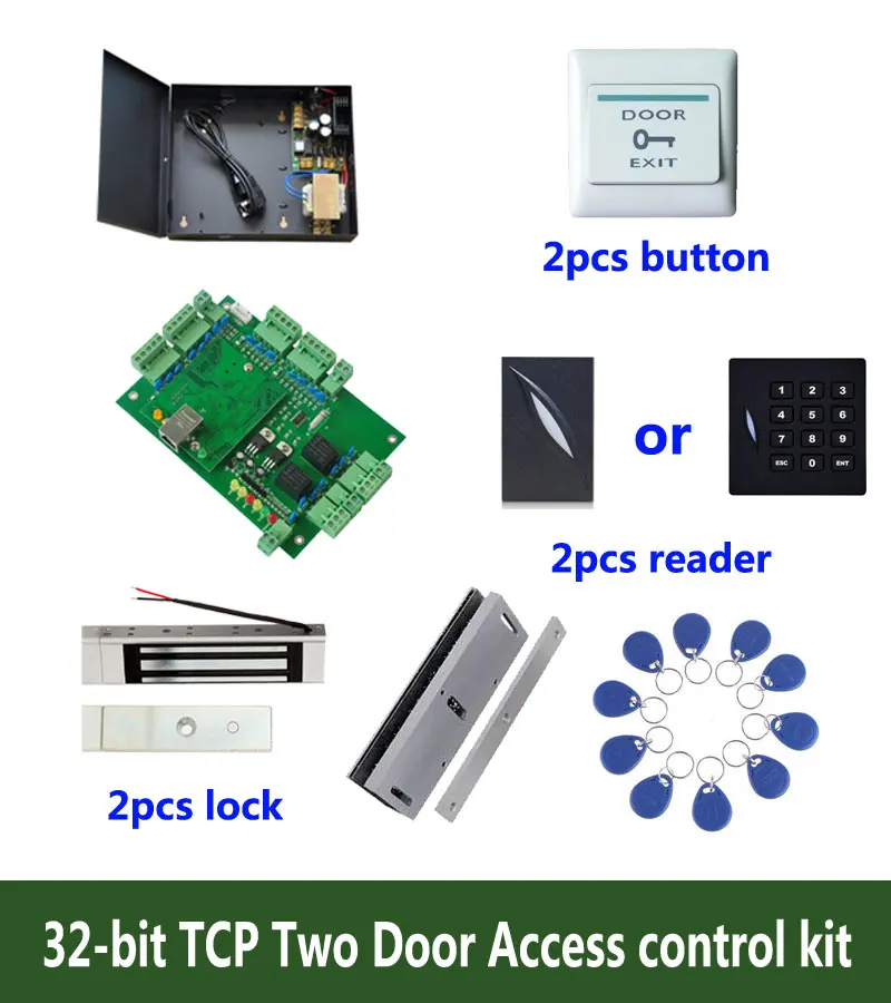 

32-bit access control kit,TCP two door access control+power+180kg magnetic lock+U-bracket +ID reader+button+10 ID tag,:kit-T204