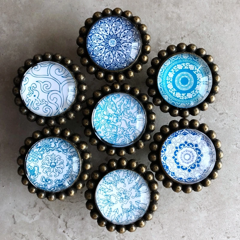1x China White Blue Antique Knobs Drawer Dresser Knobs Kitchen