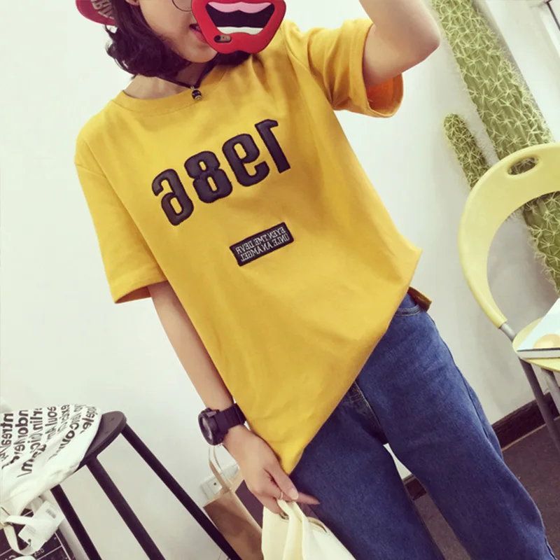 1986 Письмо печати хлопок Футболка Для женщин пикантные Tumblr Graphic tee цвет: желтый