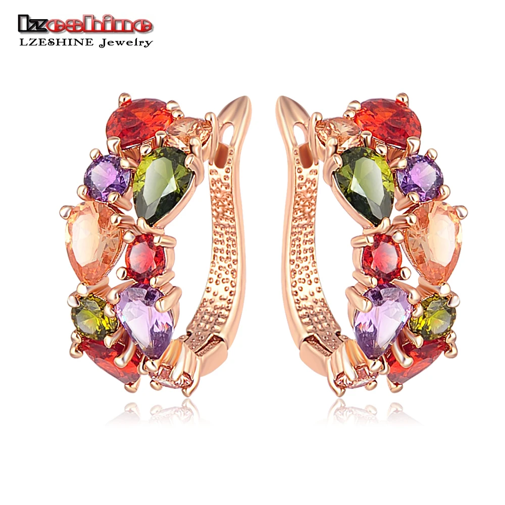 LZESHINE Top Sale New Flower Earrings Rose Gold Plate Multicolor Cubic Zircon Stud Earrings for Women Bijoux Brinco CER0143