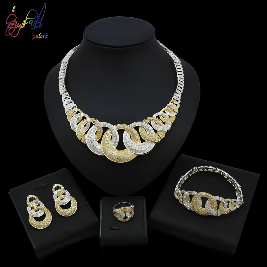 

Yulaili Fashion Jewelry Factory Customized Golden And Sliver Circle Chains Necklace Bracelet Ring Earrings Jewelry Sets