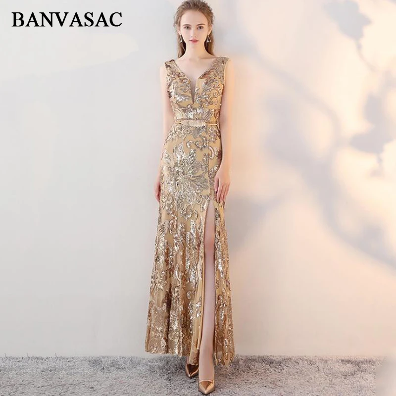 

BANVASAC 2018 Lace V Neck Sequined Split Mermaid Long Evening Dresses Elegant Party Metal Sash Backless Prom Gowns