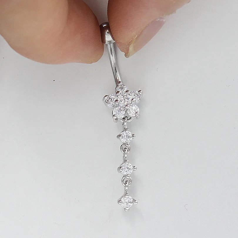 1pcs high quality crystal flower chain long dangle Navel bar piercing