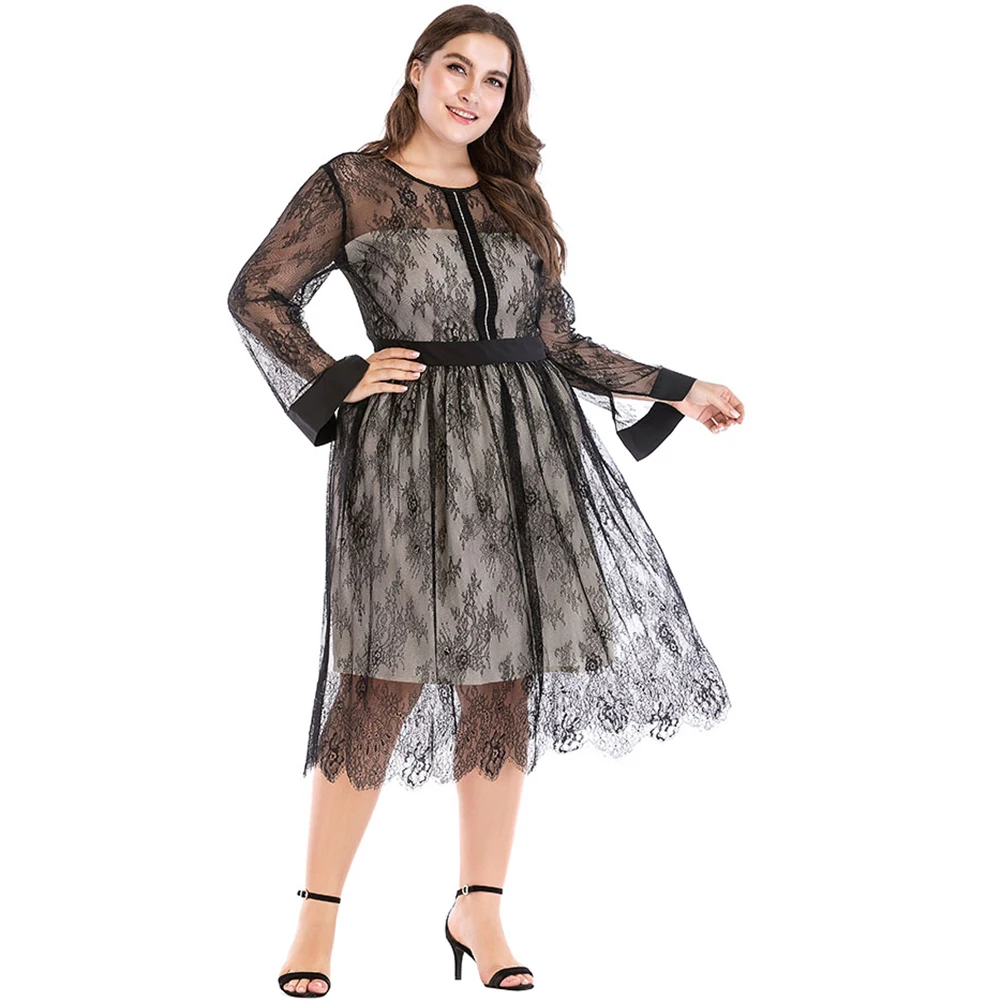 Plus Size Women Sheer Mesh Floral Lace Dress Rhinestone Long Sleeve Elegant Ladies Evening Party 