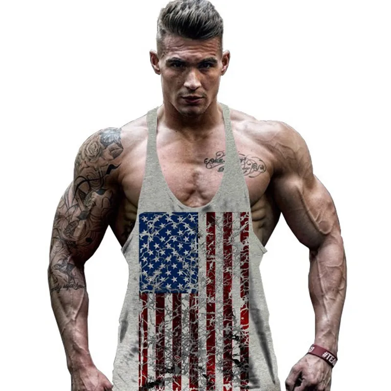 

Men's American Flag Design Stringer Singlets Gyms Tank Tops Muscular Fitness Bodybuilding Tank Top Skull Vest Badminton Shirts