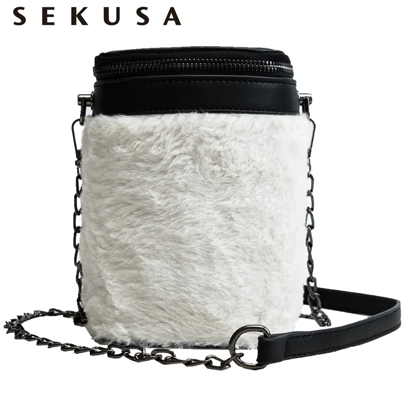 

SEKUSA Bucket Shaped Fur Faux Winter Women Clutches Small Chain Shoulder Messenger Lady Handbags Purse