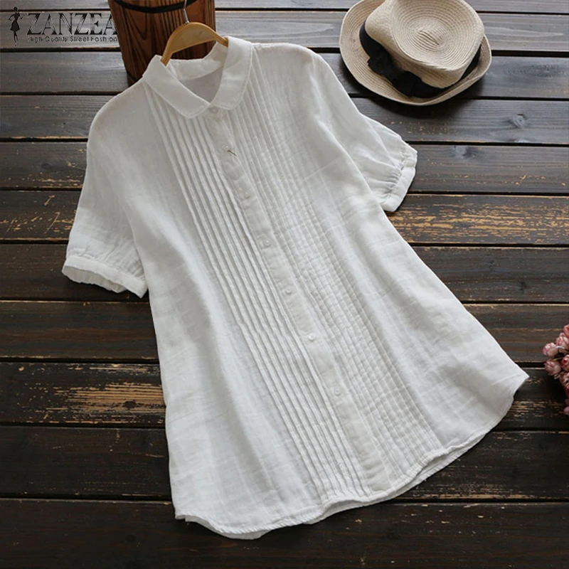 

ZANZEA 2019 Summer Women Lapel Neck Short Sleeve Blouse Elegant Buttons Up Top Pleated Blusas Casual Loose Cotton Linen Shirt