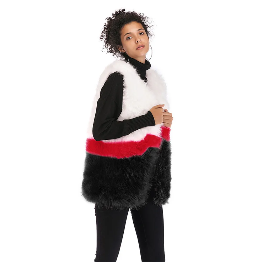 Multicolor Color Block Faux Fur Coat Casual Patchwork Long Sleeve Outerwear Women Winter Modern Lady Coats
