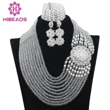 Модные серебряные женские африканские бусины нигерийский Свадебный ювелирный набор прозрачный белый кристалл комплект с ожерельем для вечеринки WA092