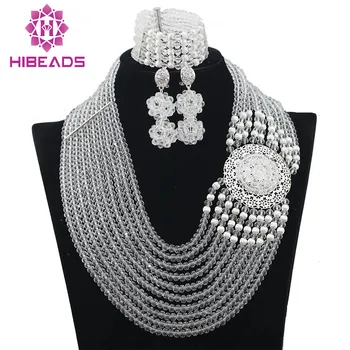 

Fashion Silver Women African Beads Nigerian Wedding Jewelry Set Clear White Crystal Party Necklace Set Free Shipping WA092