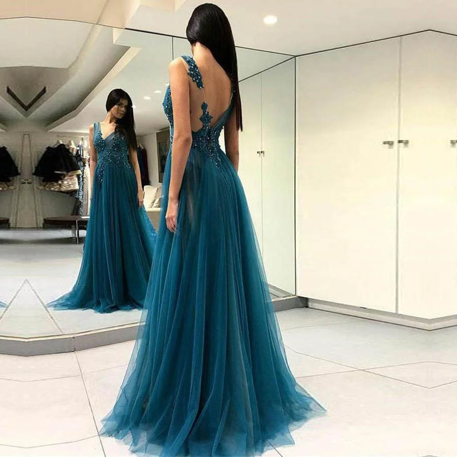 

Scoop Neck Evening Dress Illusion Lace Appliques with Beading Prom Dresses 2019 High Split Backless Sweep Train Formal Dress