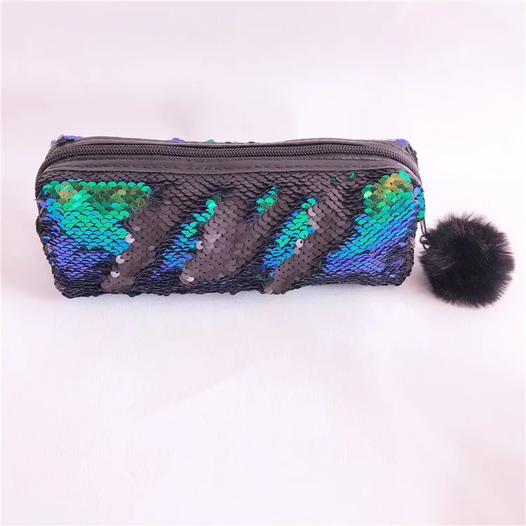 School Pencil Case Reversible Sequin Hairball PencilCase For Girls Bts Stationery Gift Cute Pencil Box Kawaii Student Supplies - Цвет: Bright green