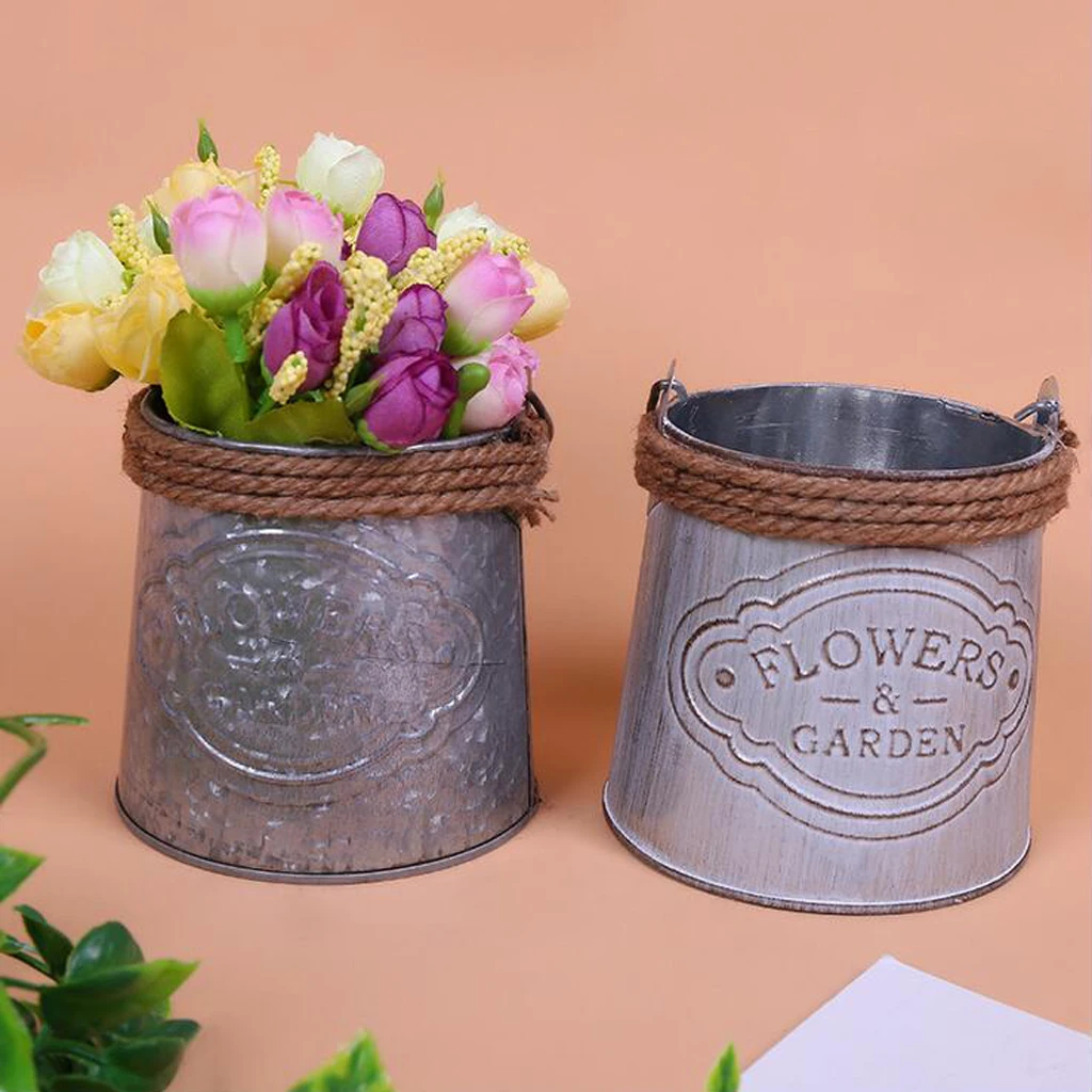 Vintage Metal Plant Bucket Tabletop Flower Pots for Garden Floral Arrangements Home Desk Ornament Succulent Planter Storage Box