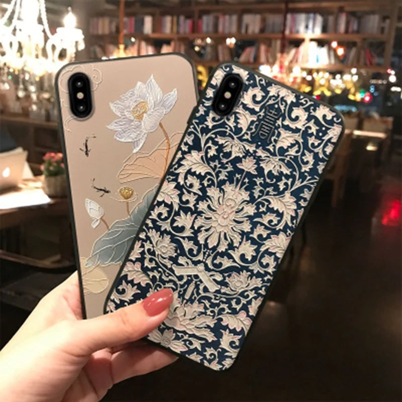 

Stich Embroidery Lotus Flower for iPhone 6 6s 8 Plus 10 7 6 Case Emboss Japanese Style Phone Case For iPhone Xr Xs Max X Cover