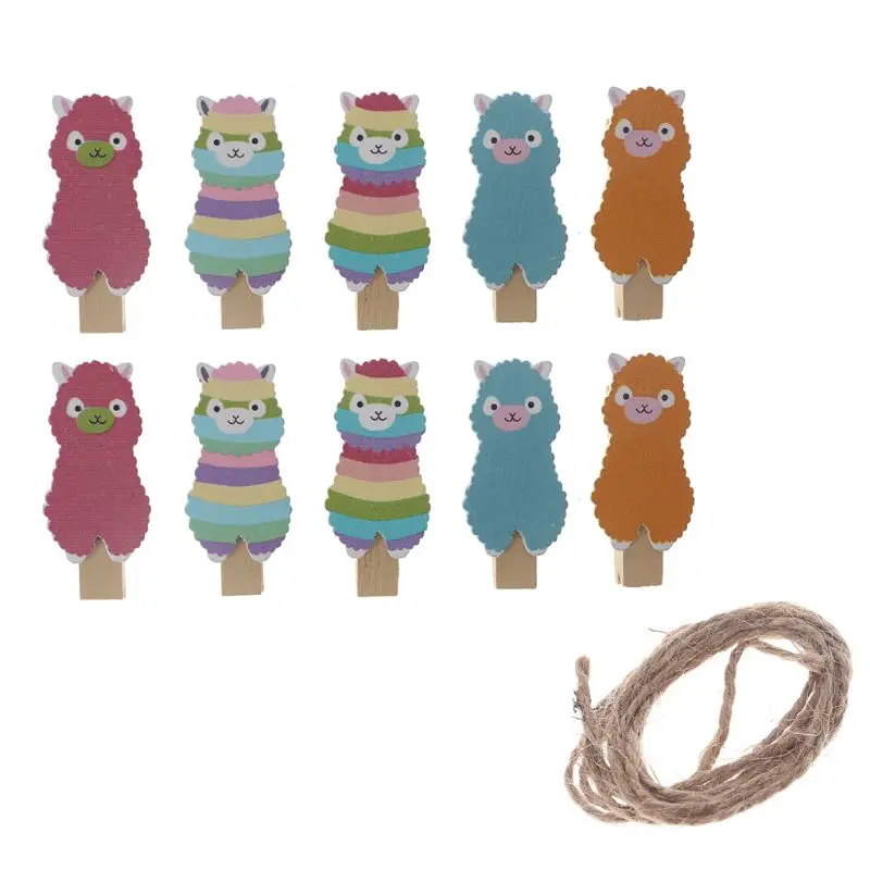 

10Pcs/Set Rainbow Stripes Colored Alpaca Printed Wooden Note Memo Photo Pegs Paper Tag Clips Holder DIY Craft With Hemp Rope Par