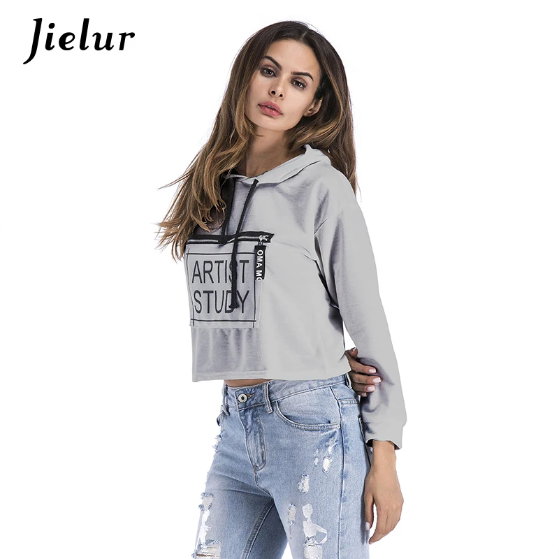 Jielur Европа мода новый с капюшоном Cropped Hoodie письма печатаются Толстовка для женская обувь на застежке-молнии карман 5 цветов повседневные