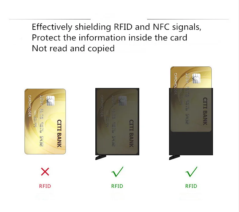 Продукт Горячий Стиль RFID Экранирование алюминиевого сплава push-вниз тест держатель карты сумка Высокое качество мини стены