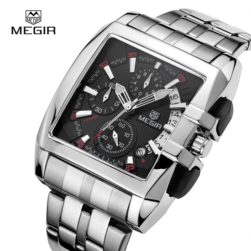 Megir Stainless Steel Square Quartz Watch Men Chronograph Military Sports Watches Luminous Watch Top Brand Luxury