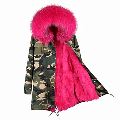 Меховая женская мода армейский зеленый большой енотовый меховой воротник с капюшоном длинное пальто парки верхняя одежда подкладка из кроличьего меха Рекс зимняя куртка - Цвет: color 17
