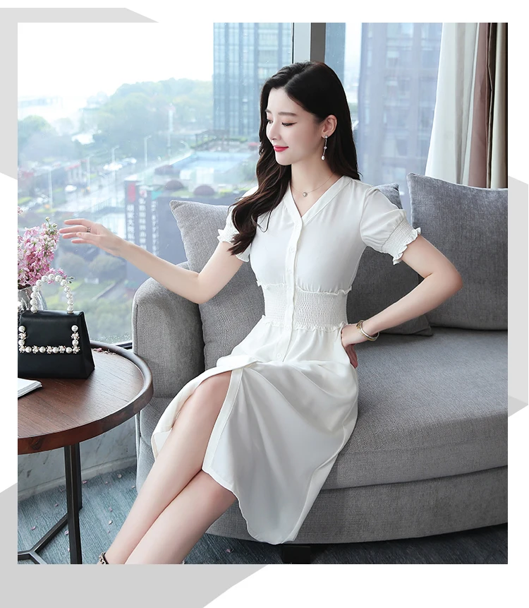 קיץ קוריאני בציר לבן Boho שמלה קיצית 2021 חדש בתוספת גודל משרד ליידי מוצק Midi שמלות נשים המפלגה Bodycon אלגנטי Vestidos