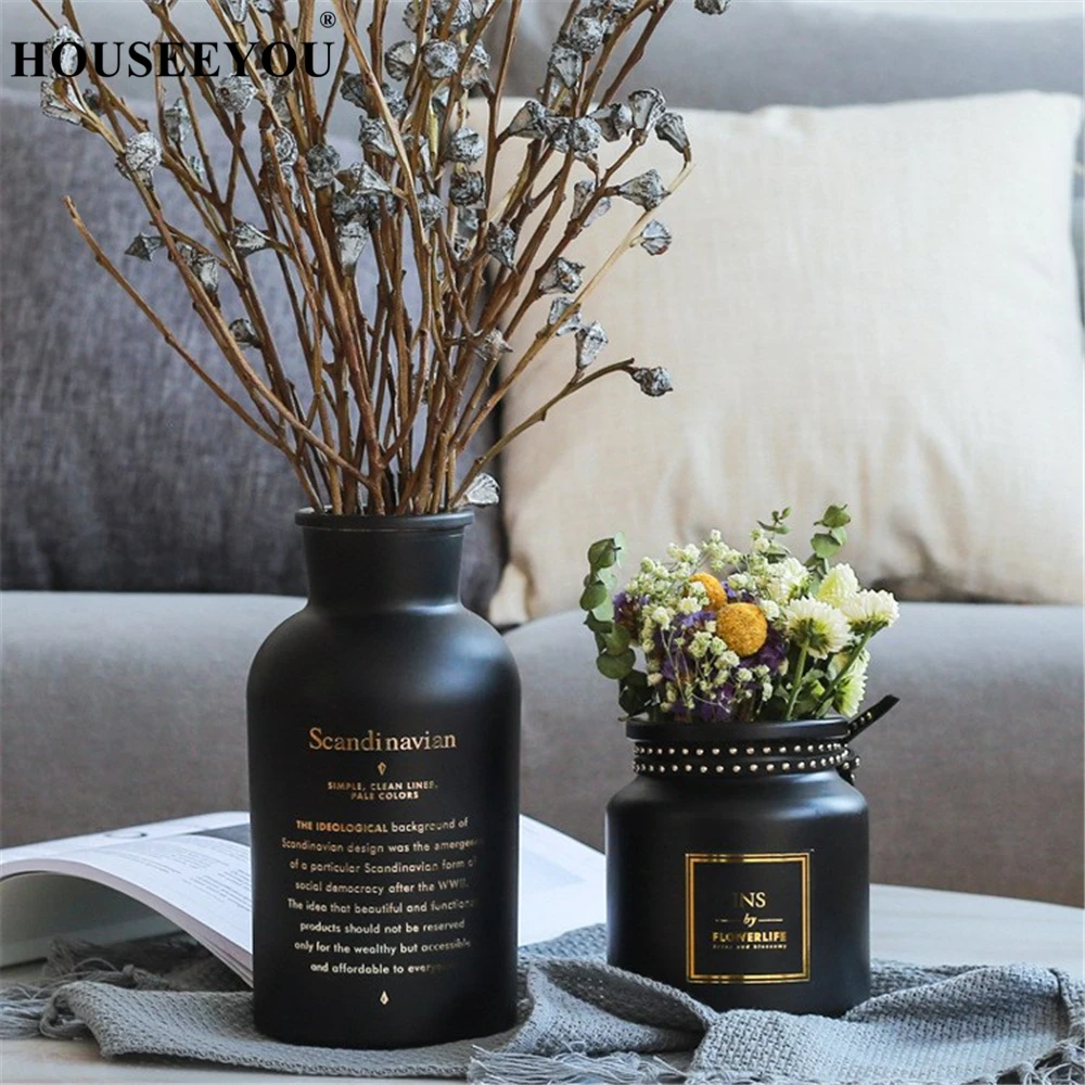 

Nordic Black Glass Vases Hydroponics Plant Flower Home Decor for Artificial Flower Bouquet with Vase Wedding Table Decoration