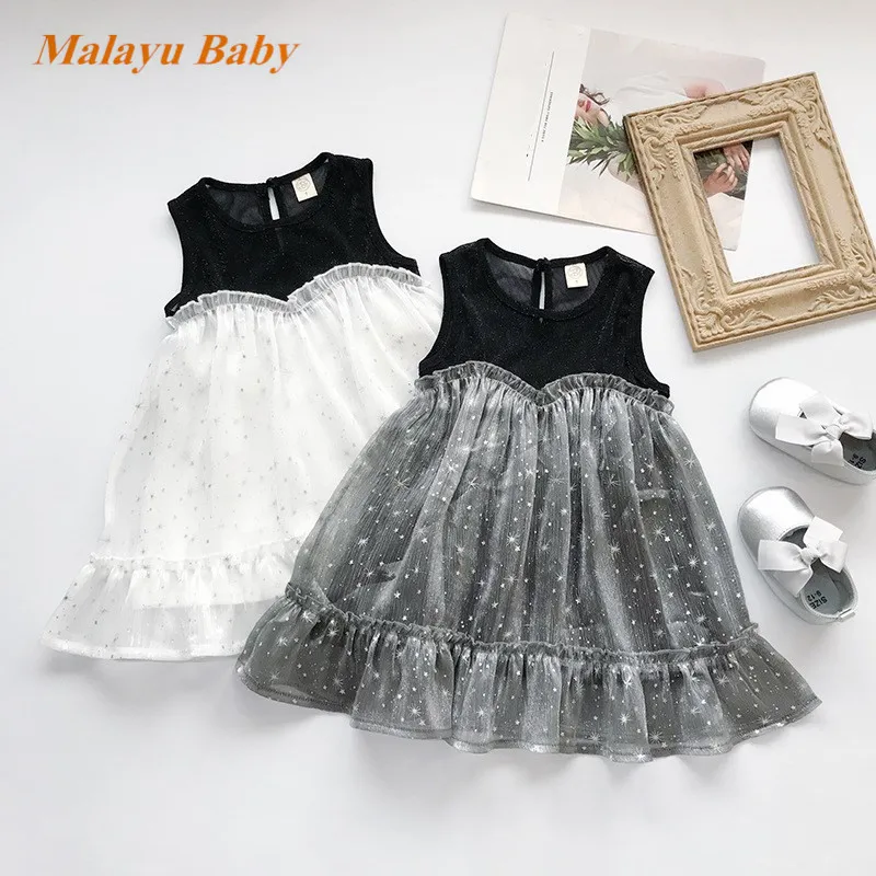 

Malayu Bbay girl dress 2019 summer new girl vest stitching mesh dress five-pointed star printed tulle dress 2-6Y kids clothes