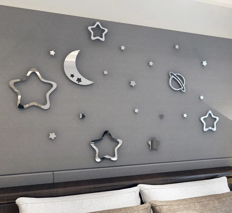 

moon and the stars cartoon Crystal Acrylic wall stickers 3D decorated mirror for living room backdrop bedroom children's room