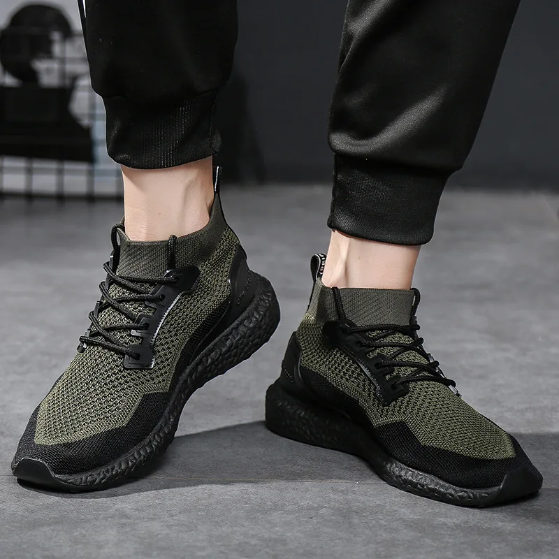 

New Shoes Men Sock Sneakers Soft Light Breathable High Top Lace-up Flat Casual Shoes Stylish Solid Antiskid Male Tenis Footwear